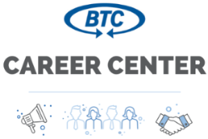 BTC Bank Career Center with megaphone, people and hand shake icons